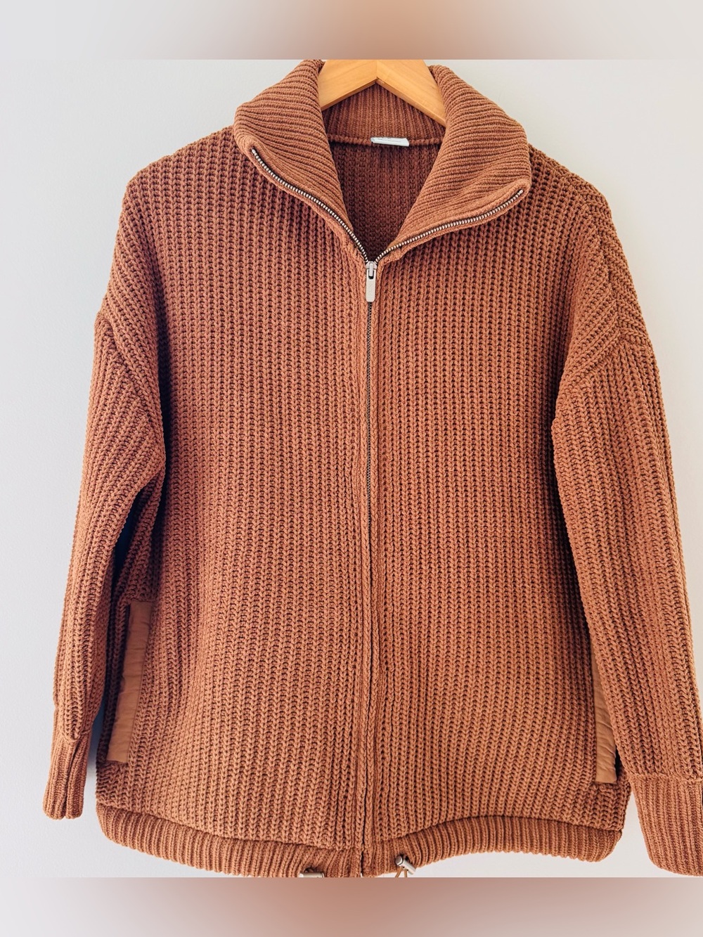 FLX Women’s XS Brown Chunky Knit Full Zip Sweater Jacket Oversized Funnel Neck